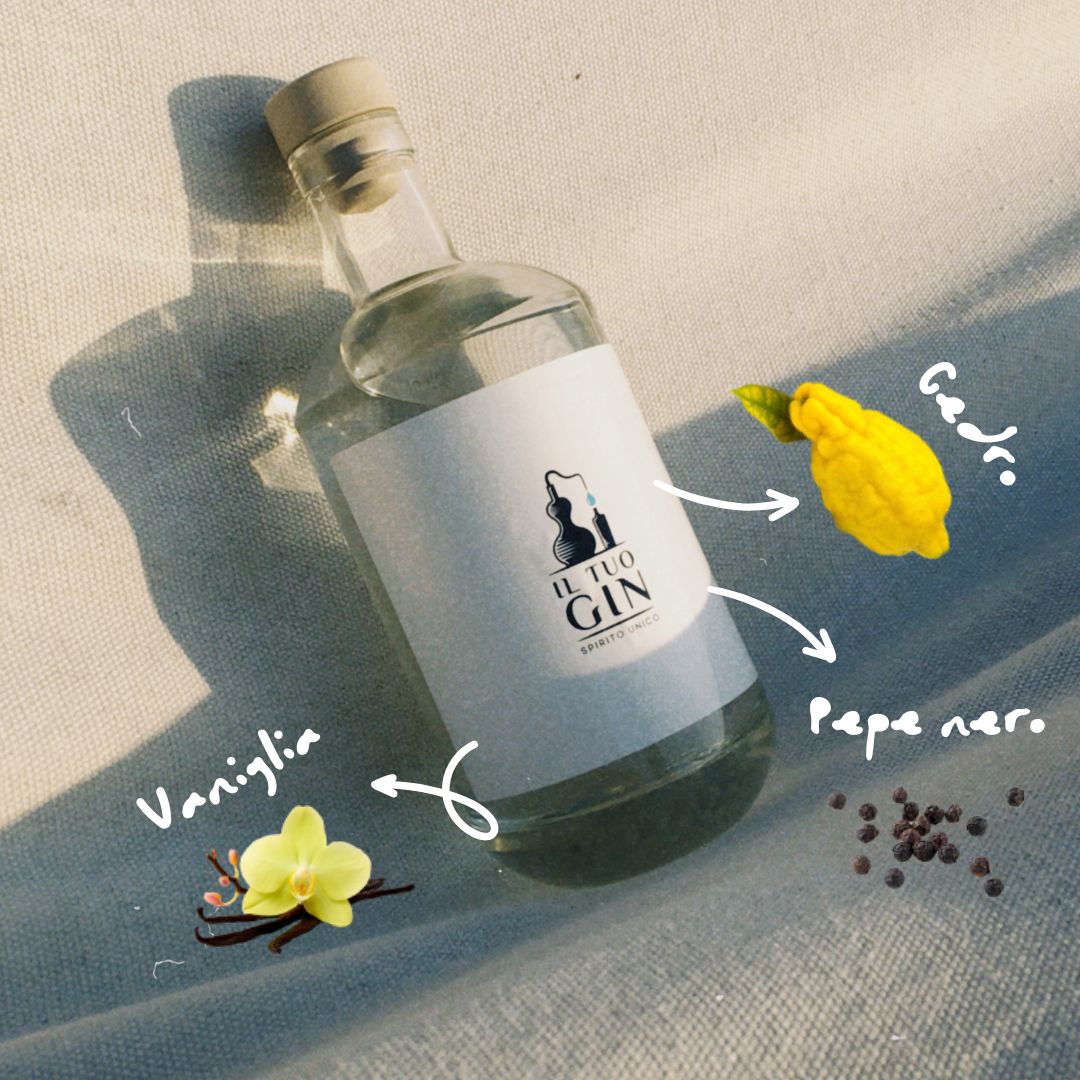 Bottiglia personalizzata ilTuoGin con botaniche: cedro, pepe nero, vaniglia